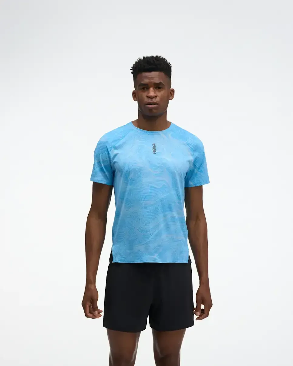 HOKA EveryRun Short Sleeve Mineral Blue Prt - Men's Running Clothing & Gear - front view